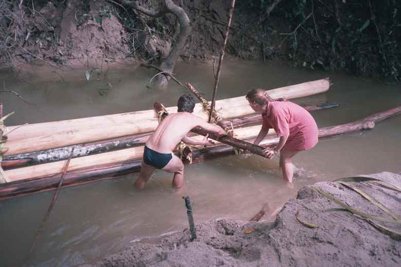 Sylvia helping to position the logs into place