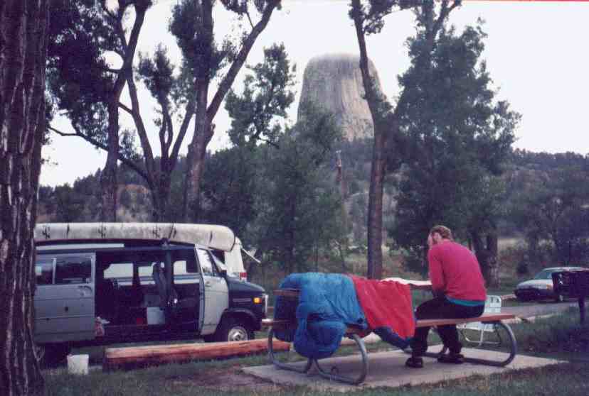 Breakfast at Devil's Tower; Ricky trying to decide between climbing or picking up his girlfriend at the airport!