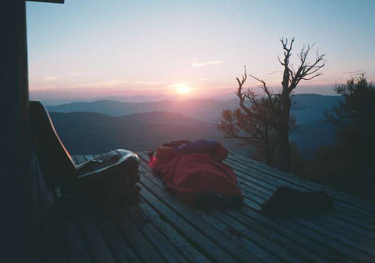 Bivy-sack setup, at sunrise, on top of Mad River Glen Ski Area